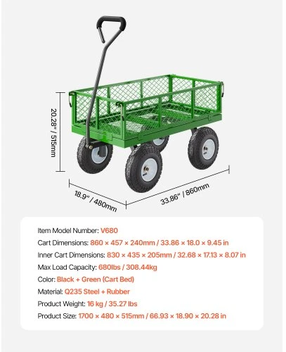 VEVOR V680 sodo vežimėlis ant ratų, plieno, geltonas / juodas, 308,44 kg