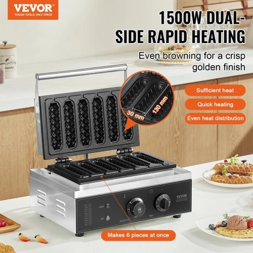 VEVOR Vaflių kepimo aparatas, 6 vnt., 1500 W, sidabrinis, HT-119