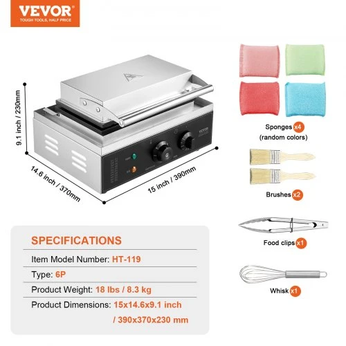 VEVOR Vaflių kepimo aparatas, 6 vnt., 1500 W, sidabrinis, HT-119