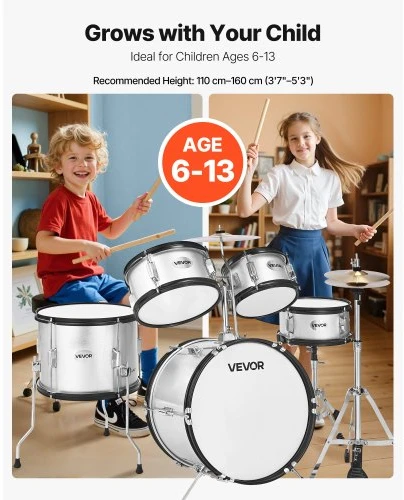 Koduva VEVOR vaikiška būgnų komplektas, 5 dalių 16 in / 406,4 mm junior būgnų rinkinys, sidabrinis