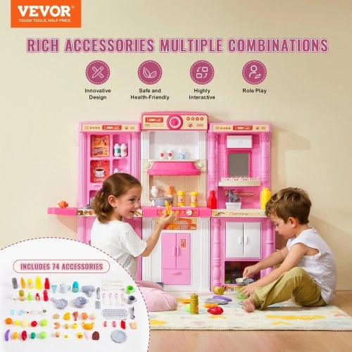 VEVOR Vaikiška virtuvėlė, 3-in-1, rožinė, 74 vnt.