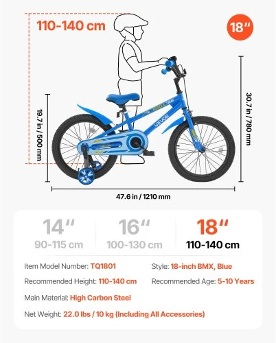 VEVOR Vaikiškas BMX dviratis, 45,72 cm, mėlynas, su pagalbiniais ratukais