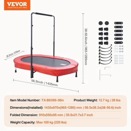 VEVOR Vaikų batutas 56x36 colių, sulankstomas mini batutas su rankena, raudonas