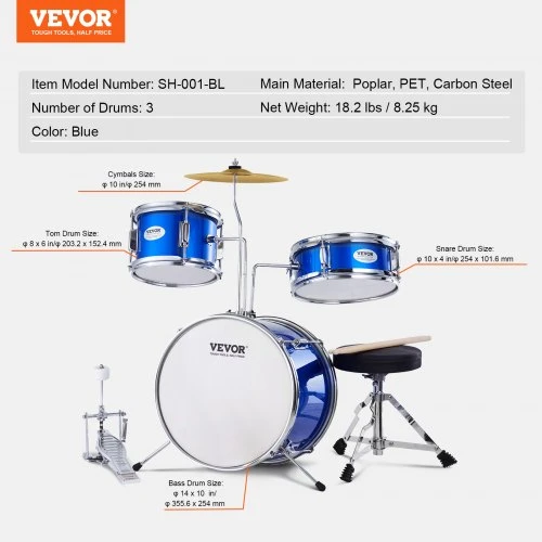Koduva VEVOR vaikų būgnų komplektas, 3 dalių, 14 col., mėlynas