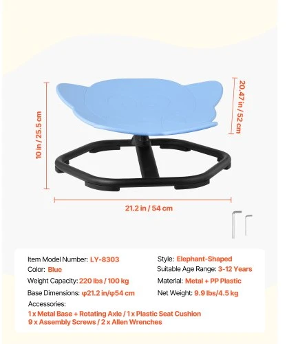 VEVOR Vaikų sukamasis kėdės žaislas, dramblio formos, mėlyna, 220 lbs