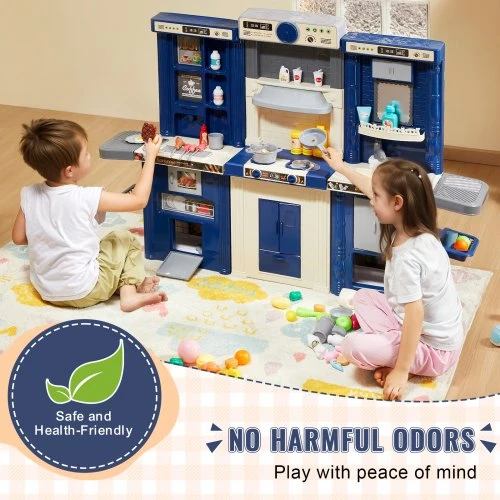 VEVOR Vaikų virtuvėlės žaidimų rinkinys, 3-in-1, mėlynas, 74 vnt., 128 x 29 x 90 cm