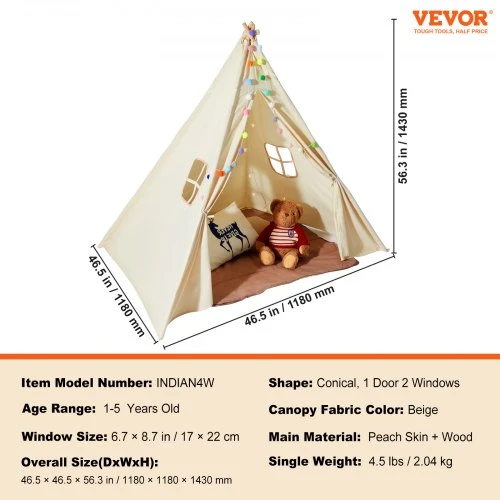 Koduva VEVOR vaikų žaidimų palapinė, teepee palapinė, smėlio spalvos, 118 x 118 x 143 cm