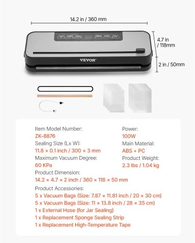 VEVOR Vakuumavimo aparatas ZK-8876, 100 W, 60 KPa, su pjaustykle, 10 maišelių