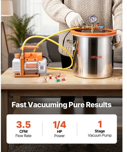VEVOR Vakuuminė kamera su pompa, 18,93 l, 3,5 CFM 99 l/min, vienpakopė vakuuminė pompa