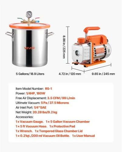VEVOR Vakuuminė kamera su pompa, 18,93 l, 3,5 CFM 99 l/min, vienpakopė vakuuminė pompa