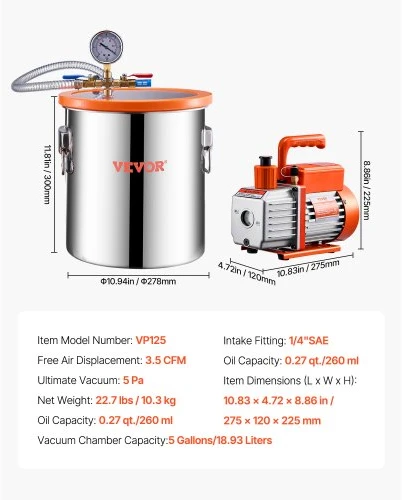 Koduva VEVOR vakuuminės kameros ir siurblio rinkinys, 19 l, 100 l/min, nerūdijančio plieno kamera, akrilinis dangtis