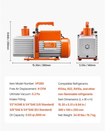 Koduva VEVOR vakuuminis siurblys, 254 l/min (9 CFM), 2 pakopų rotacinis mentinis, R134a R22 R410a sistemoms