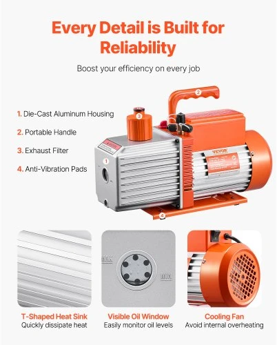 Koduva VEVOR vakuuminis siurblys, 254 l/min (9 CFM), 2 pakopų rotacinis mentinis, R134a R22 R410a sistemoms