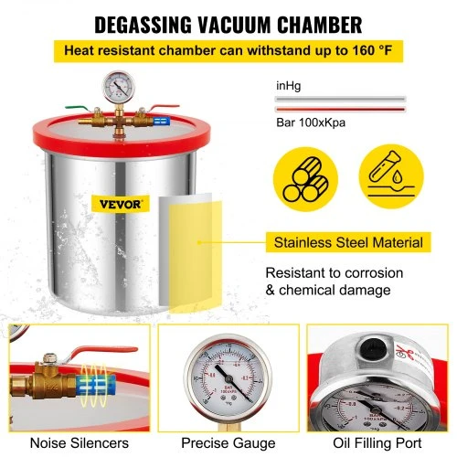 VEVOR Vakuumo kamera su siurbliu, 5 gal / 18,9 l, 5 CFM, 1/3 AG, vienpakopė