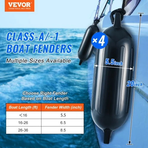 VEVOR Valties fenderiai, 14 x 51 cm, juodi, 4 vnt.