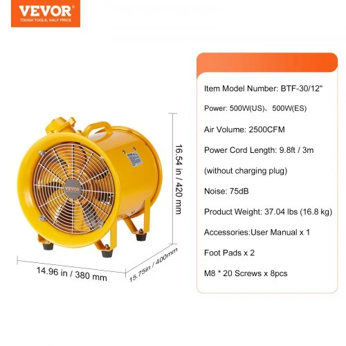 Koduva VEVOR vamzdinis ašinės traukos ventiliatorius, 550 W, 400 x 380 x 420 mm