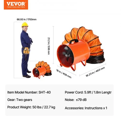 Koduva VEVOR vamzdinis ašinis ištraukimo ventiliatorius, 40,6 cm, 2 greičių, 5175 CFM, oranžinis