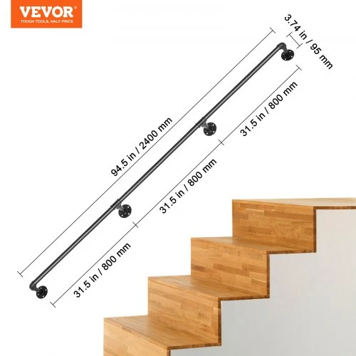 VEVOR Vamzdinis laiptų turėklas, 243,8 cm, juodas, anglinis plienas