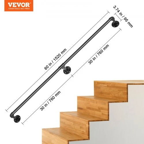 Koduva VEVOR vamzdinis laiptų turėklas, 152,4 cm, 200 kg, anglinis plienas, juodas