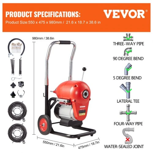 VEVOR Vamzdžių nuotekų valymo irenginys 1100W, sekcinis spiralinis grąžtas, rankinis padavimas