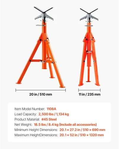 VEVOR Vamzdžių stovas, 1134 kg, reguliuojamas 69,1–132,1 cm, V formos galvutė, 45# plienas