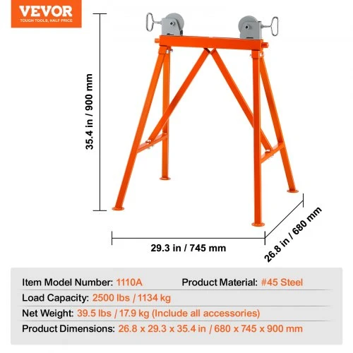 VEVOR Vamzdžių stovas su volelio galvute, 1134 kg, 5,1–91,4 cm vamzdžiams, 45# plienas