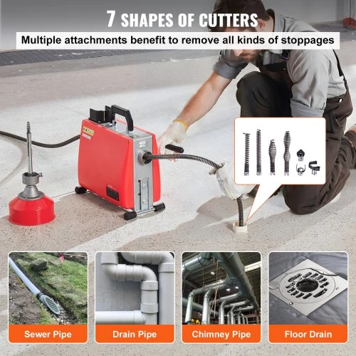 VEVOR Vamzdžių užsikimšimų valymo mašina 20 m x 16 mm 250 W, rankinis padavimas