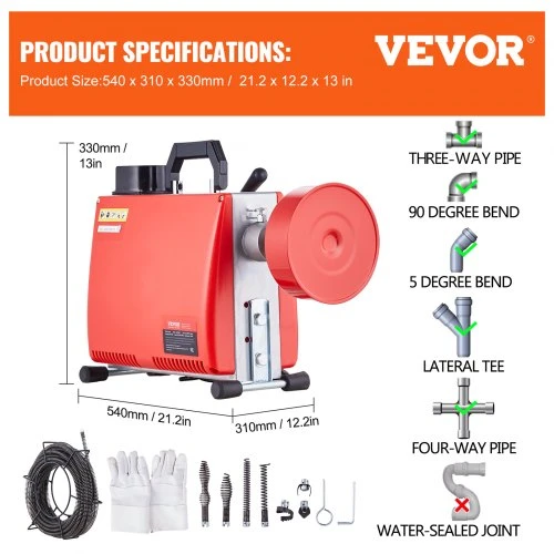 VEVOR Vamzdžių užsikimšimų valymo mašina 20 m x 16 mm 250 W, rankinis padavimas