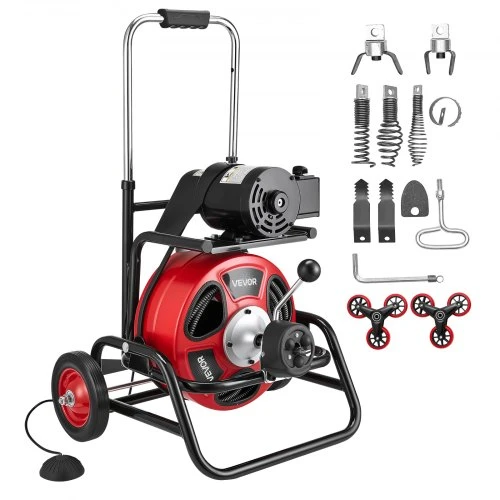 VEVOR Vamzdžių valymo įrenginys 30 m x 12,7 mm, automatinio padavimo kanalizacijos sraigtas, 50–150 mm vamzdžiams