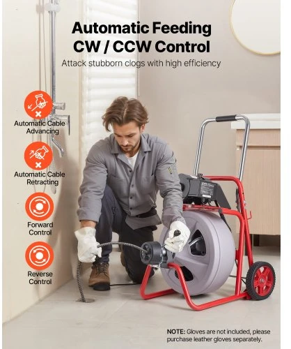 VEVOR Vamzdžių valymo mašina 22 m x 13 mm, automatinio padavimo kanalizacijos sraigtas ant ratų, su 8 peiliais