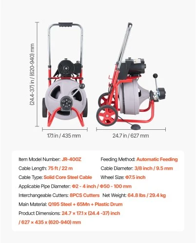 VEVOR Vamzdžių valymo mašina 22 m x 9,5 mm, automatinio padavimo kanalizacijos sraigtas ant ratų, su 8 peiliais