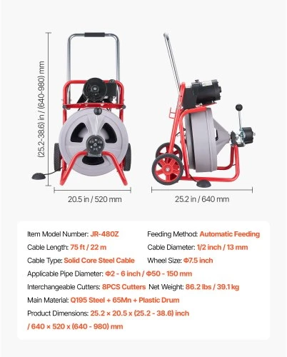 VEVOR Vamzdžių valymo mašina 22 m x 13 mm, automatinio padavimo kanalizacijos sraigtas ant ratų, su 8 peiliais