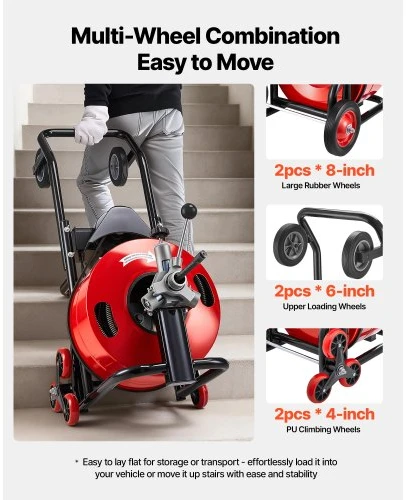 VEVOR Vamzdžių valymo mašina 30 m x 19 mm, automatinio padavimo kanalizacijos sraigtas, 6 peiliai