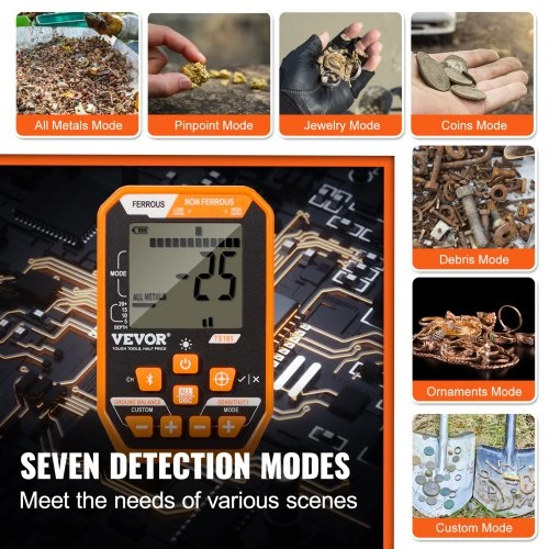 Metalo detektorius VEVOR Vandeniui atsparus metalų detektorius, 30,5 cm ritė, LCD, 7 režimai, Bluetooth ausinės