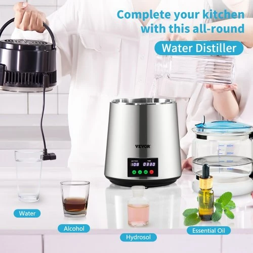 VEVOR Vandens distiliatorius 4 l, 1 l/val., su laiko ir temperatūros ekranu, sidabrinis