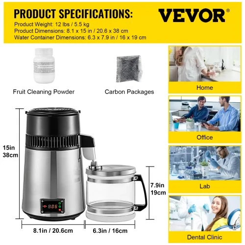 VEVOR Vandens distiliatorius, 750 W, reguliuojama temperatūra, 4 l, nerūdijančio plieno vidus