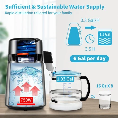 VEVOR Vandens distiliuoklis, 1 l/h, 4 l, 750 W, su 0–99 h laikmačiu ir dvigubu temperatūros ekranu
