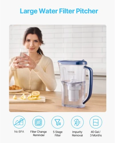 VEVOR Vandens filtro ąsotis, 9 puodelių, 5 pakopų, su filtro keitimo indikatoriumi