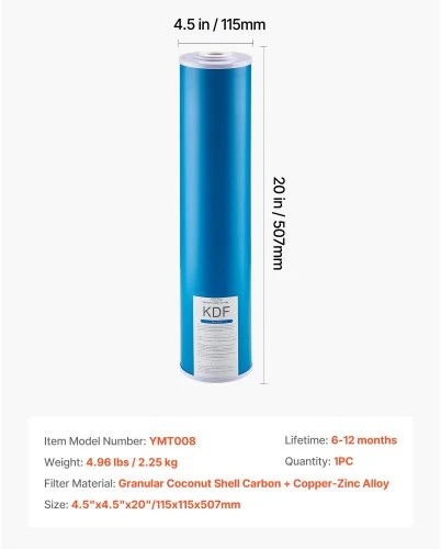 Koduva VEVOR vandens filtro keitimo kasetė YMT008, 4,5 x 20" (11 x 51 cm), kokosų kevalo aktyvuota anglis ir KDF