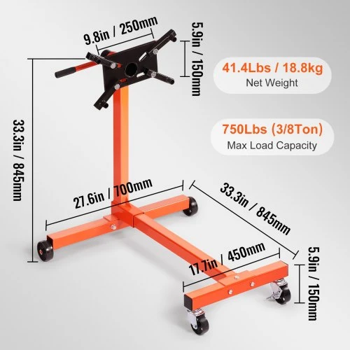 VEVOR Variklio stovas, 340 kg pasukamas su 360° reguliuojama galvute, 4 ratukais ir 4 reguliuojamomis rankenomis