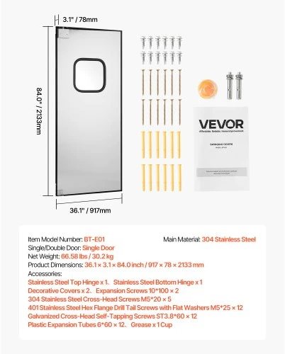 Koduva VEVOR varstomos durys BT-E01, vienas skydas, sidabrinės, 91,4 x 213,4 cm angai