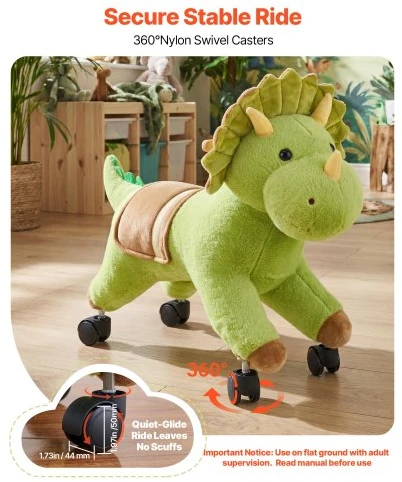 VEVOR Važiuojamas dinozauras vaikams, be baterijos, 360° ratai, minkšta sėdynė, iki 40 kg