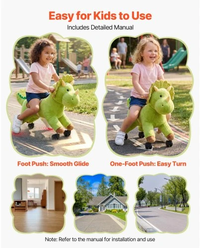 VEVOR Važiuojamas dinozauras vaikams, be baterijos, 360° ratai, minkšta sėdynė, iki 40 kg