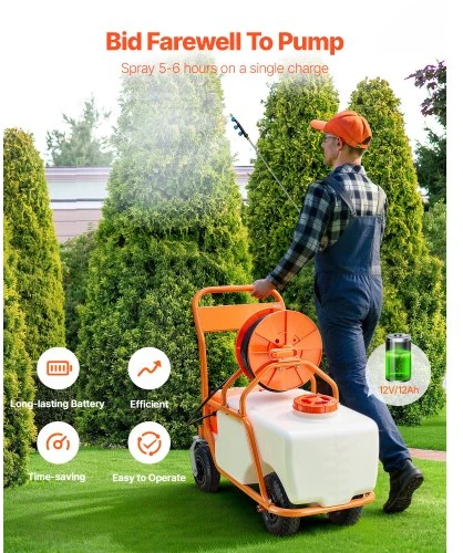 VEVOR Vejos purkštuvas su ratukais, 60 l talpa, reguliuojamas slėgis 0–90 PSI, 8 purkštukai, 2 kotai