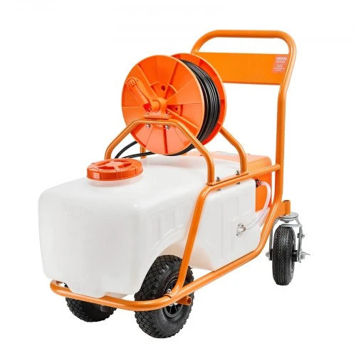 VEVOR Vejos purkštuvas su ratukais, 60 l talpa, reguliuojamas slėgis 0–90 PSI, 8 purkštukai, 2 kotai