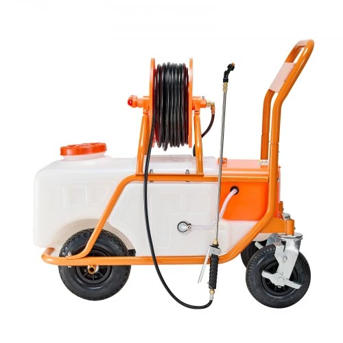 VEVOR Vejos purkštuvas su ratukais, 60 l talpa, reguliuojamas slėgis 0–90 PSI, 8 purkštukai, 2 kotai