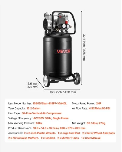 Koduva VEVOR vertikalus oro kompresorius 50 l, 1.5 kW, 8 bar
