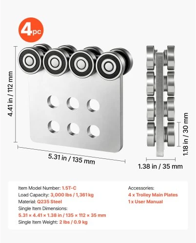 Koduva VEVOR vežimėlio ritinėlių komplektas, 4 vnt., 1361 kg, Q235 plienas, 14 x 11 x 4 cm