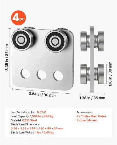 Koduva VEVOR vežimėlio ritinėlių rinkinys strypiniam kanalui, 4 vnt., 499 kg, Q235 plienas