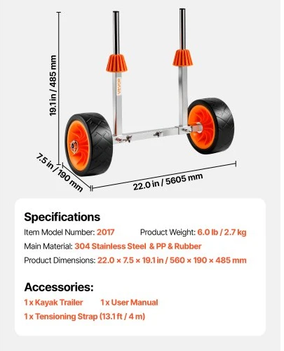VEVOR Vežimėlis baidarėms, 113,4kg keliamoji galia, 19,1 cm padangos, su atrama